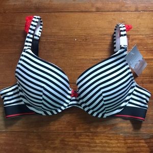 36A Cacique Black White Striped Red Lightly Lined Cotton T-Shirt Bra NWT